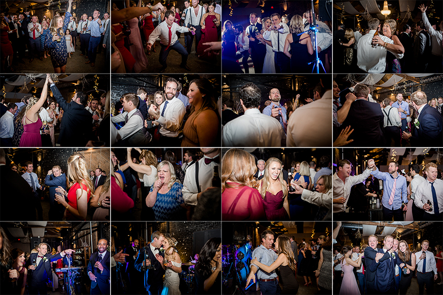 Collage of dancing photos during the reception pictures at this winter wedding at Knoxville Wedding Venue, Jackson Terminal, by Knoxville Wedding Photographer, Amanda May Photos.