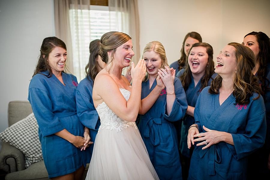 First look with bridesmaids at this RiverView Family Farm Wedding by Knoxville Wedding Photographer, Amanda May Photos.