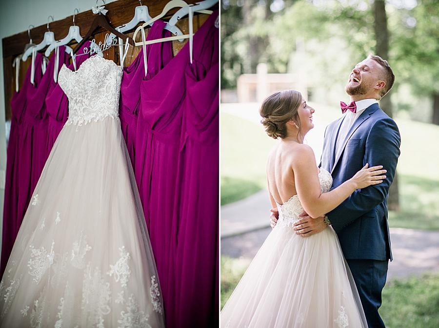 Gown and purple bridesmaid dresses at this RiverView Family Farm Wedding by Knoxville Wedding Photographer, Amanda May Photos.