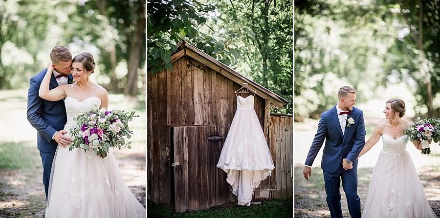Gown hanging on the barn at this RiverView Family Farm Wedding by Knoxville Wedding Photographer, Amanda May Photos.