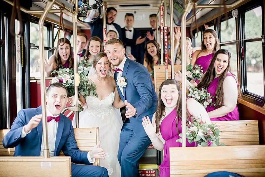 On the trolley at this RiverView Family Farm Wedding by Knoxville Wedding Photographer, Amanda May Photos.