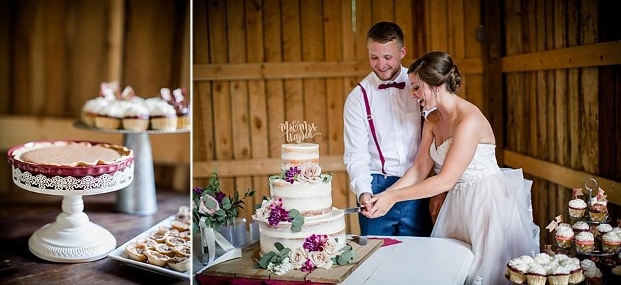 Cutting the cake at this RiverView Family Farm Wedding by Knoxville Wedding Photographer, Amanda May Photos.