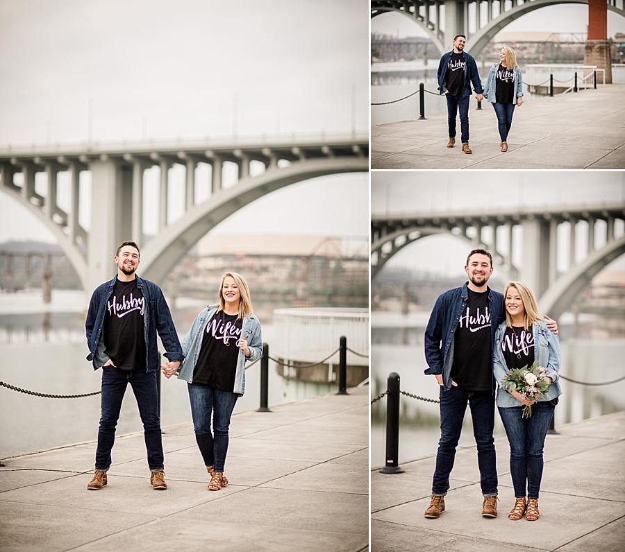 Cheesy hubby and wifey shirts at this just married Volunteer Landing session by Knoxville Wedding Photographer, Amanda May Photos.