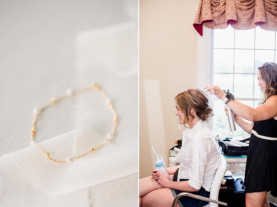 Gold pearl bracelet at this Marblegate Farm Wedding by Knoxville Wedding Photographer, Amanda May Photos.