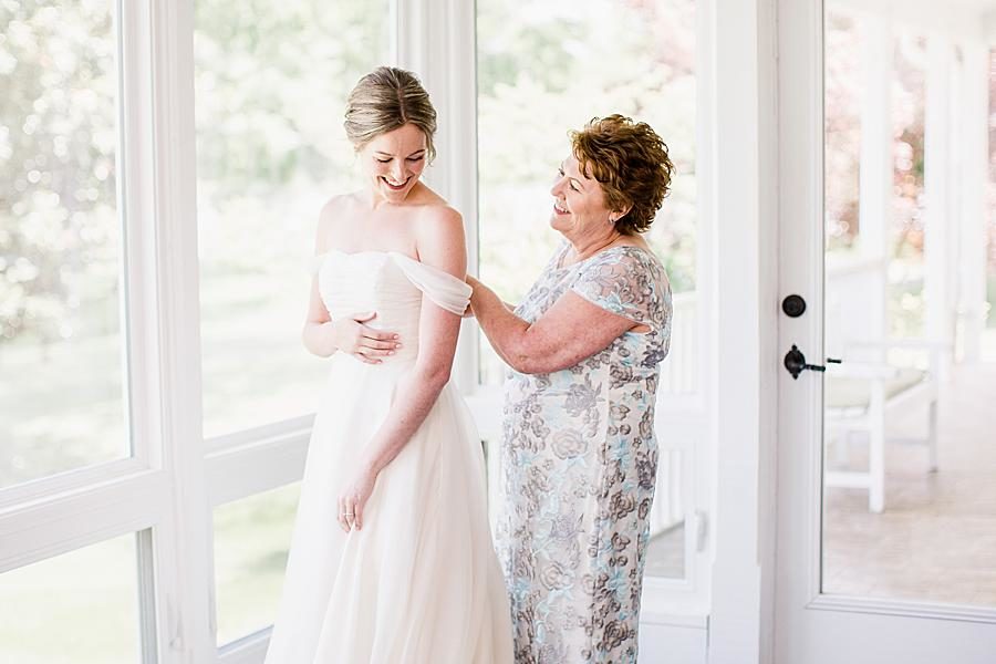 Drop shoulder wedding gown at this Marblegate Farm Wedding by Knoxville Wedding Photographer, Amanda May Photos.