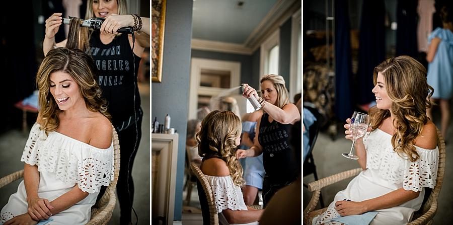 Bride getting her hair done at this East Ivy Mansion Wedding session by Knoxville Wedding Photographer, Amanda May Photos.