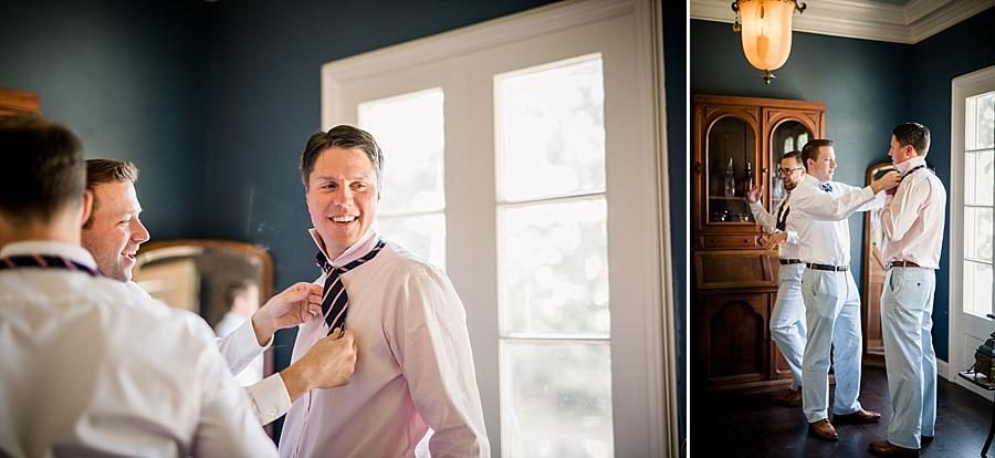Groom getting ready with groomsmen at this East Ivy Mansion Wedding session by Knoxville Wedding Photographer, Amanda May Photos.
