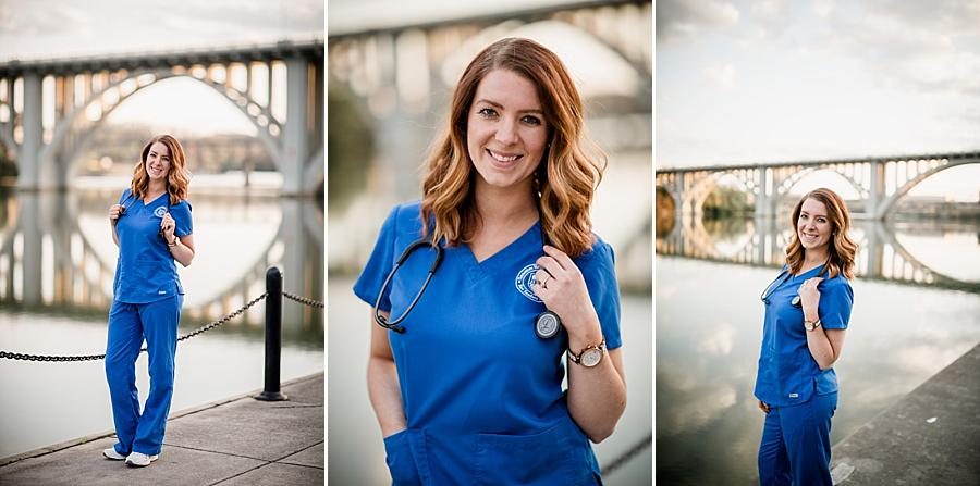 Scrubs and stethoscope at this Volunteer Landing & UT Gardens Senior Session by Knoxville Wedding Photographer, Amanda May Photos.