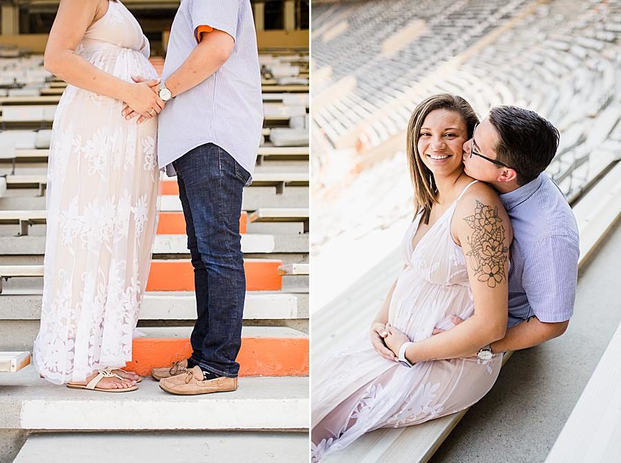 Holding the bump at this Neyland Stadium maternity session by Knoxville Wedding Photographer, Amanda May Photos.