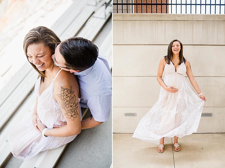 Kiss on the cheek at this Neyland Stadium maternity session by Knoxville Wedding Photographer, Amanda May Photos.