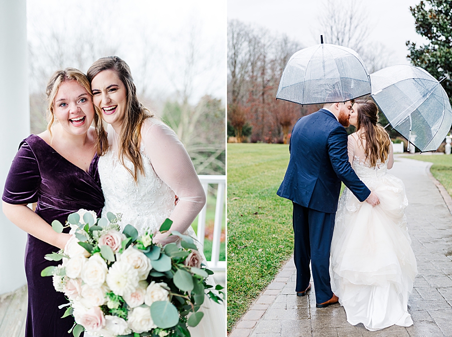 Couple under clear umbrellas at rainy castleton wedding