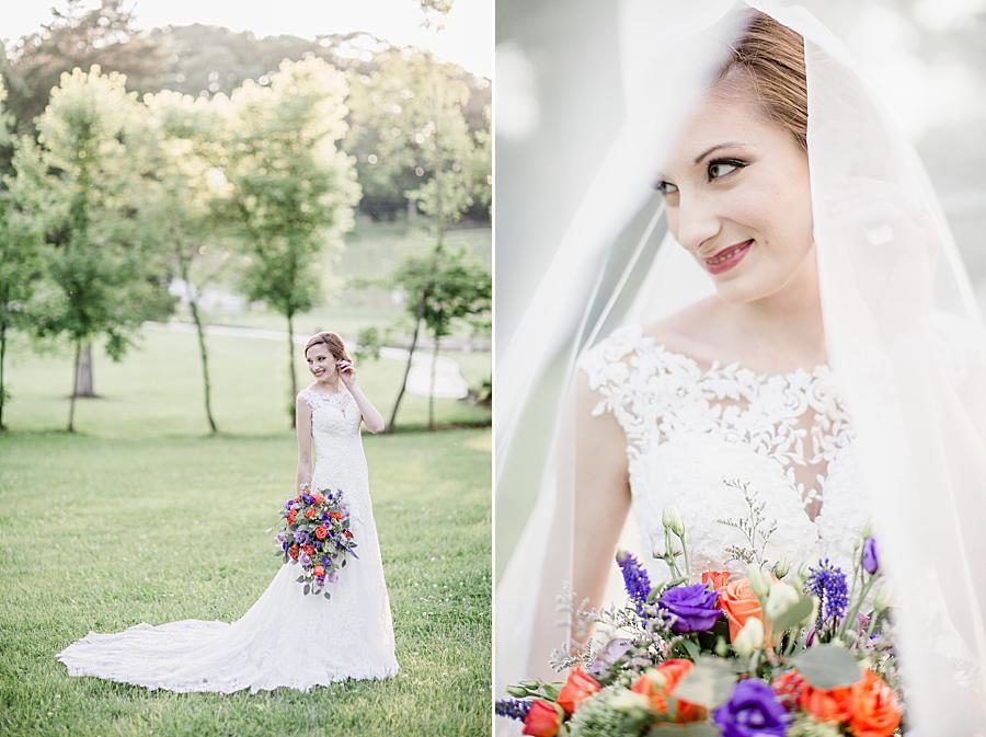 Sweetheart neckline at this Ramble Creek Bridal session by Knoxville Wedding Photographer, Amanda May Photos.