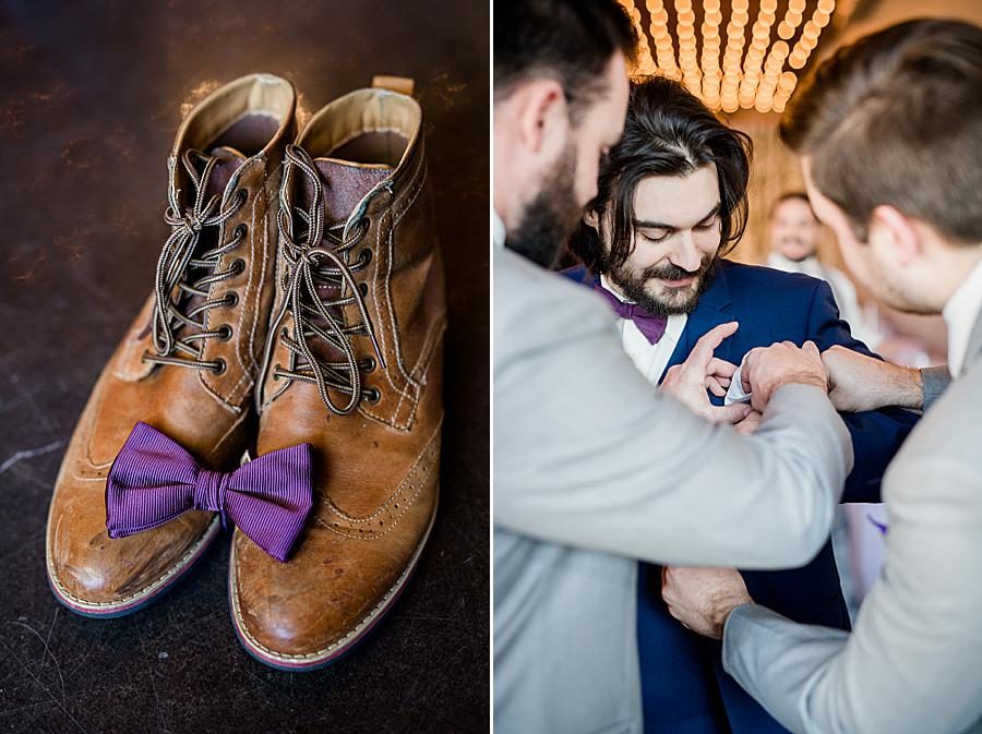 Purple bow tie at this Relix Theater Wedding by Knoxville Wedding Photographer, Amanda May Photos.