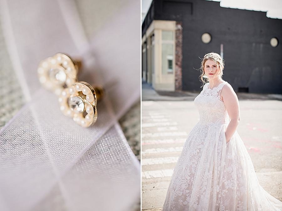 Diamond earrings at this Relix Theater Wedding by Knoxville Wedding Photographer, Amanda May Photos.