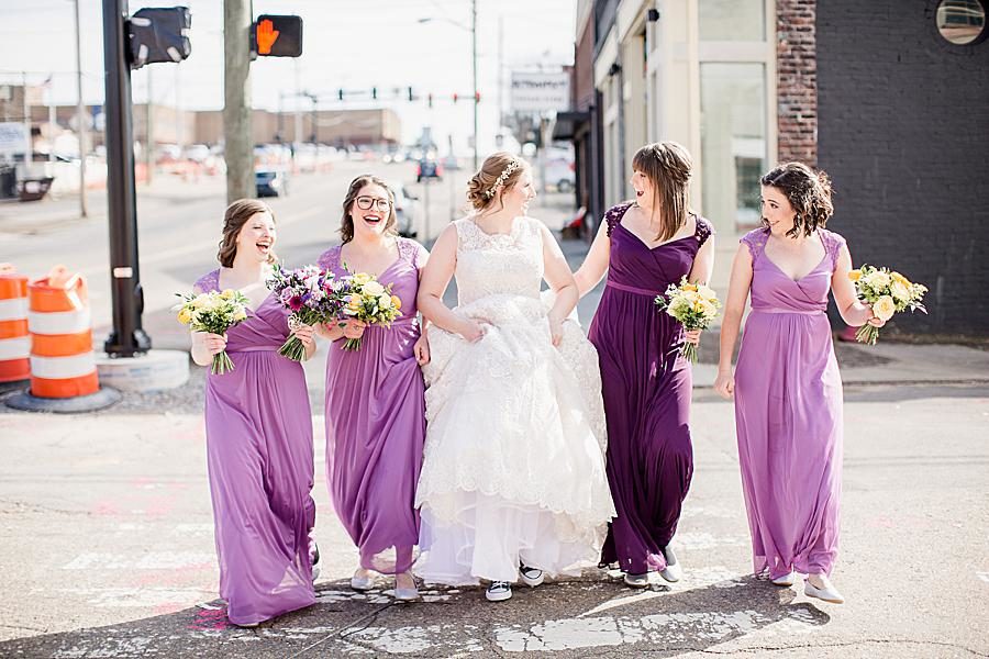 Crossing the street at this Relix Theater Wedding by Knoxville Wedding Photographer, Amanda May Photos.