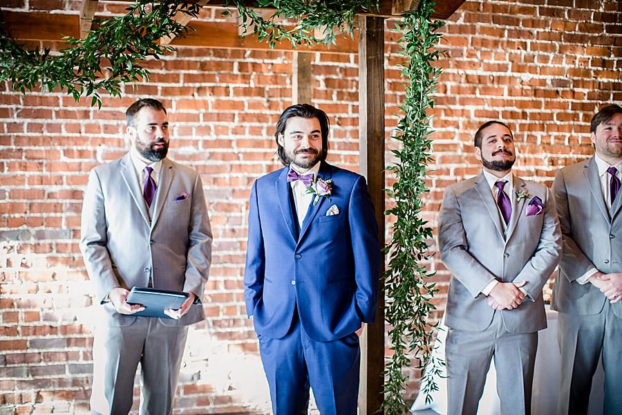 Seeing his bride at this Relix Theater Wedding by Knoxville Wedding Photographer, Amanda May Photos.