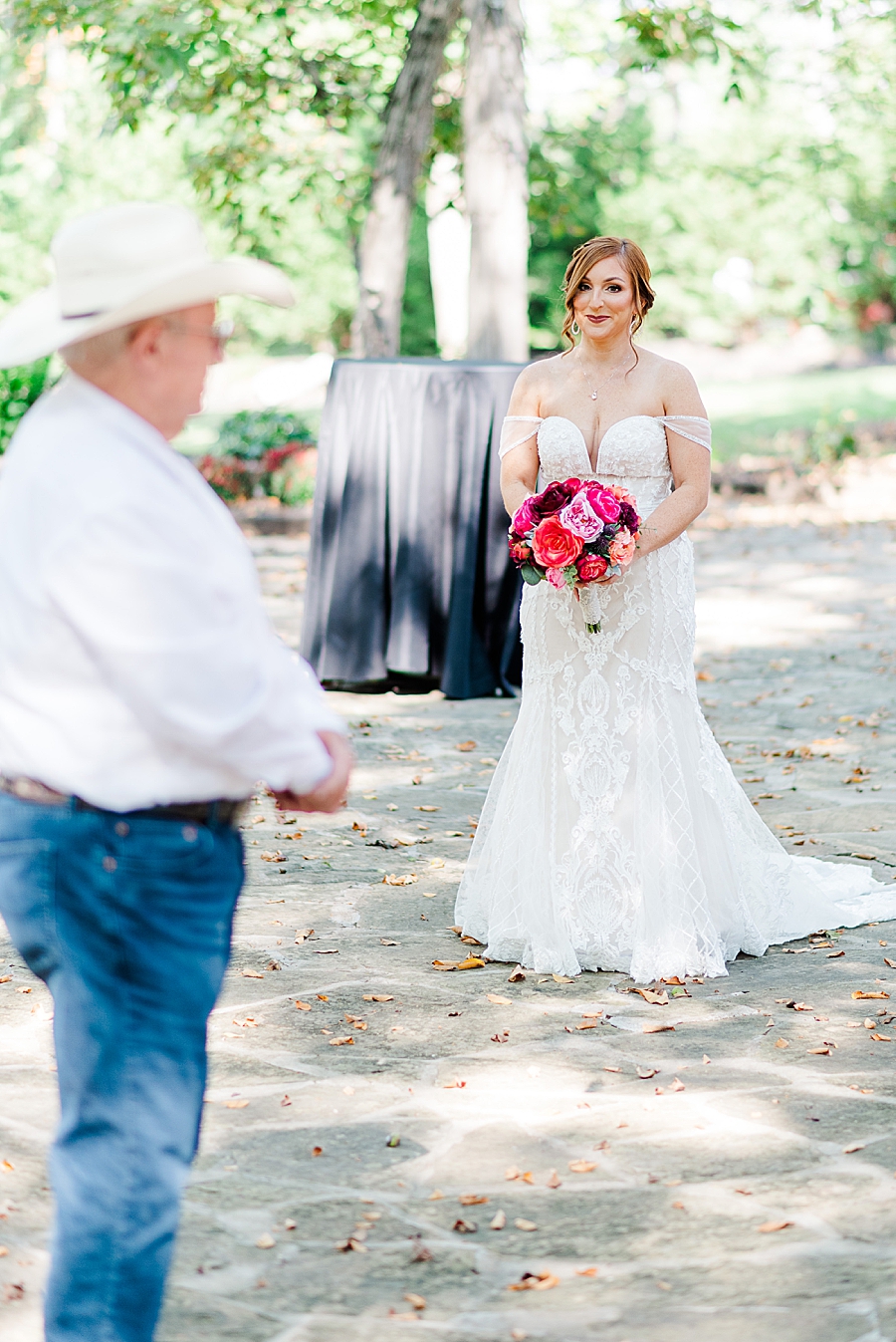 bride's reaction at this stone gate farm wedding