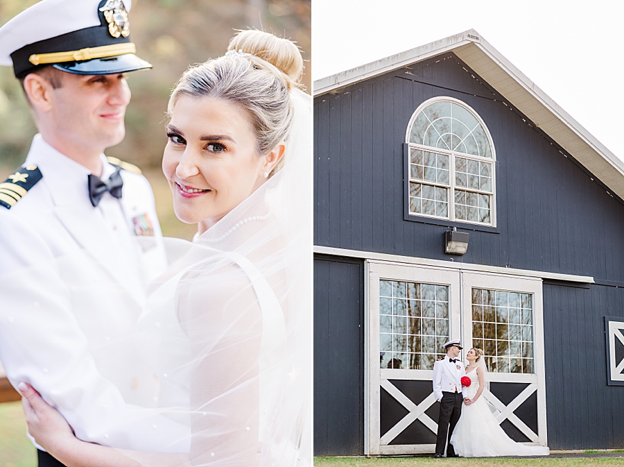 bride and groom in front of barn at this strawberry creek wedding
