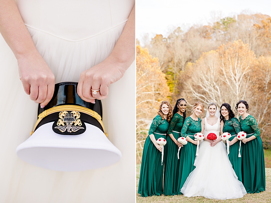 bride holding groom's military cap at this strawberry creek wedding