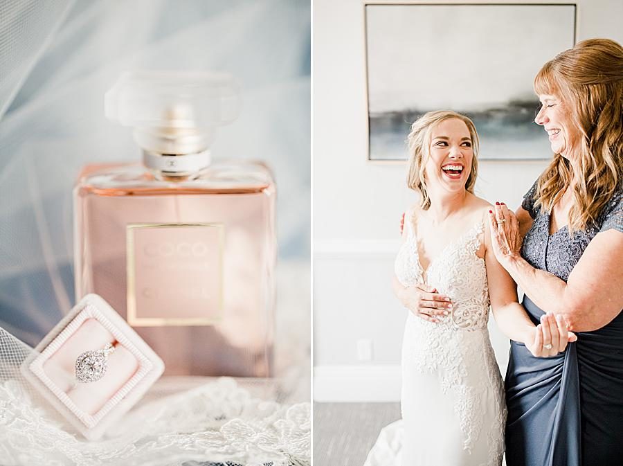 Engagement ring and perfume at this The Olmsted Wedding by Knoxville Wedding Photographer, Amanda May Photos.