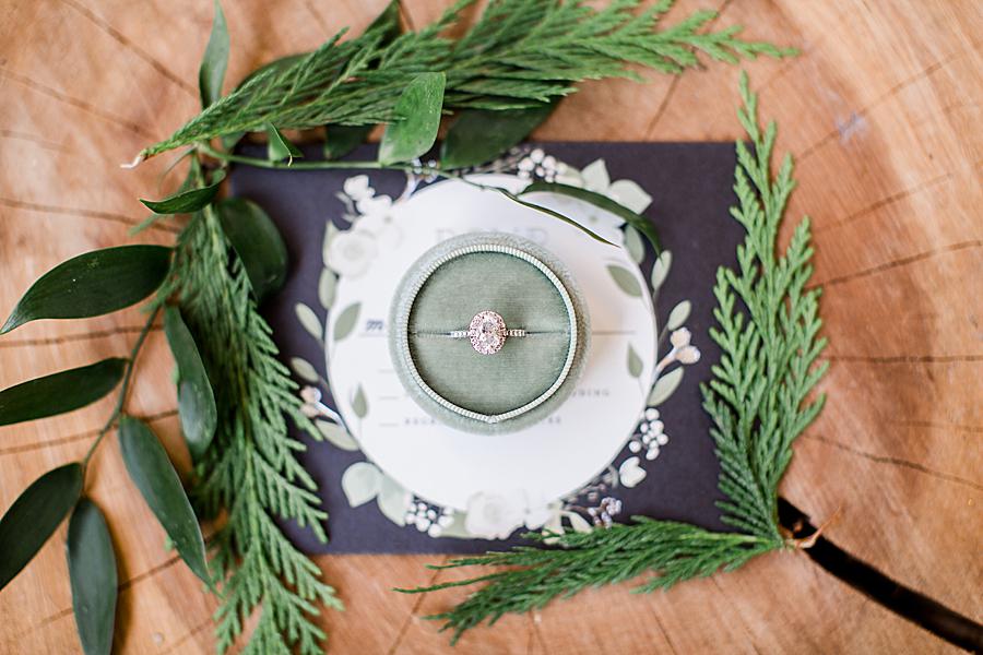 Engagement ring flat lay at this The Press Room Wedding by Knoxville Wedding Photographer, Amanda May Photos.