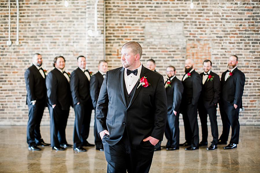 Black tuxedo at this The Press Room Wedding by Knoxville Wedding Photographer, Amanda May Photos.