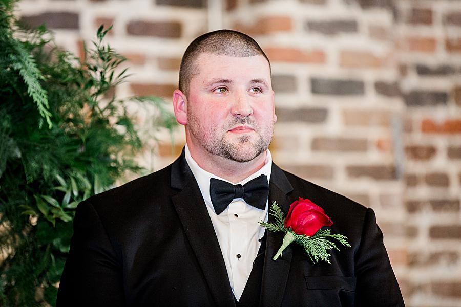 Groom's reaction to bride at this The Press Room Wedding by Knoxville Wedding Photographer, Amanda May Photos.