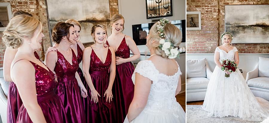 Cranberry bridesmaids dresses at this The Foundry Wedding by Knoxville Wedding Photographer, Amanda May Photos.