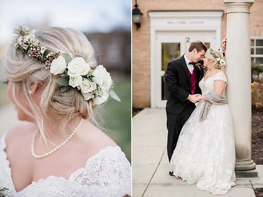 White flower crown at this The Foundry Wedding by Knoxville Wedding Photographer, Amanda May Photos.