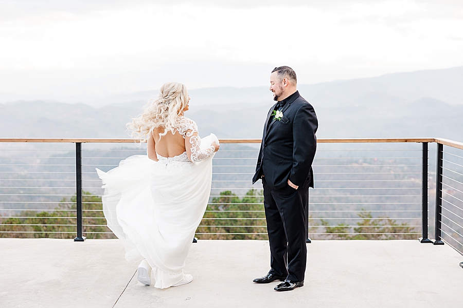 bride twirling on balcony