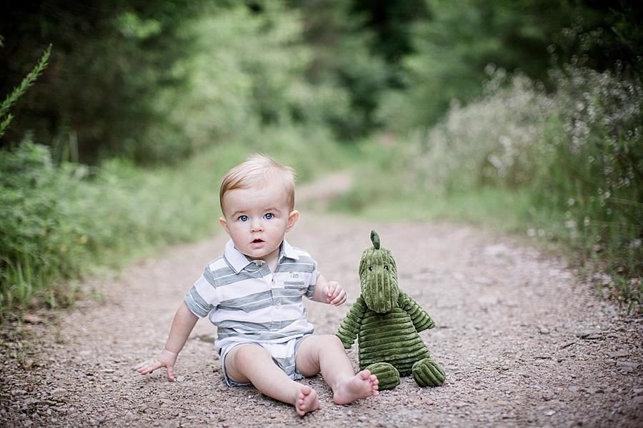 Striped onesie at this Meads Quarry 9 month photos session by Knoxville Wedding Photographer, Amanda May Photos.