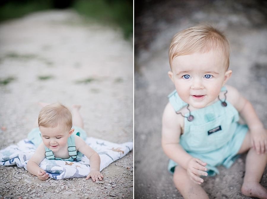 Teal overalls at this Meads Quarry 9 month photos session by Knoxville Wedding Photographer, Amanda May Photos.