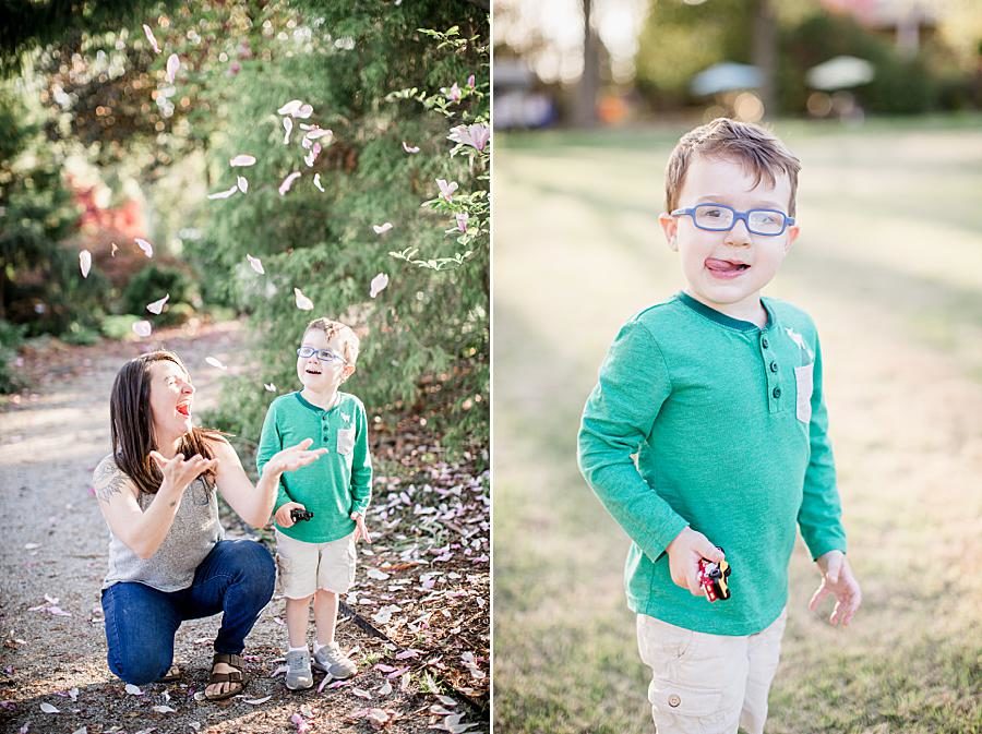 Throwing leaves at this Mommy & Me Session by Knoxville Wedding Photographer, Amanda May Photos.
