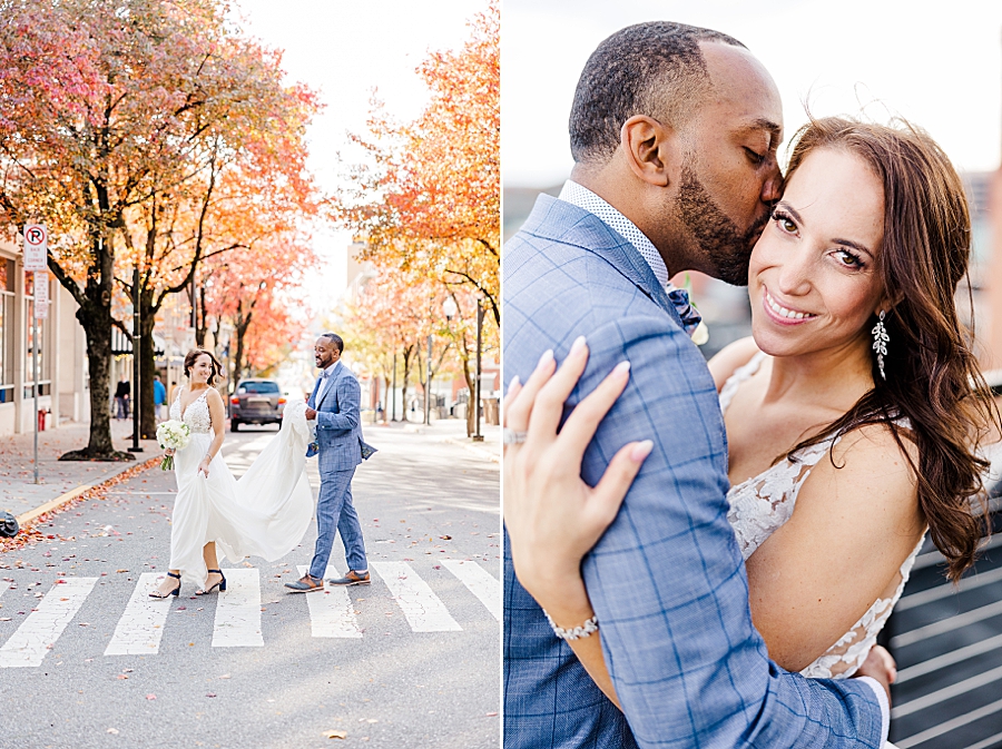 kiss on the temple at this urban elopement