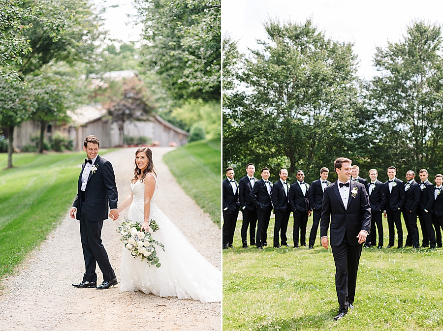 holding hands and walking at vineyard wedding at castleton