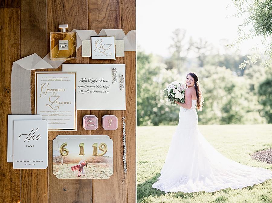 Invitation suite flat lay at this WindRiver Bridal Portraits by Knoxville Wedding Photographer, Amanda May Photos.