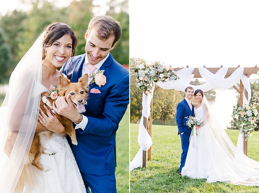 bride holding dog at this windriver wedding
