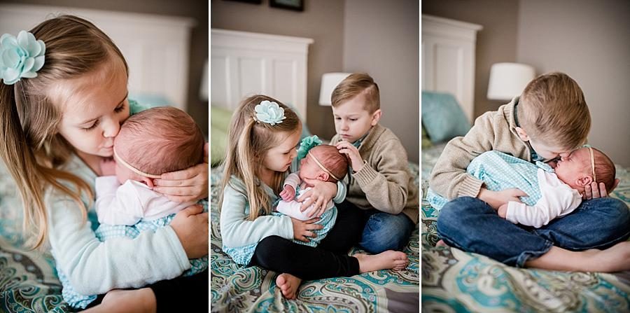 Close up of eskimo kisses with older siblings at this lifestyle family session by Knoxville Wedding Photographer, Amanda May Photos.