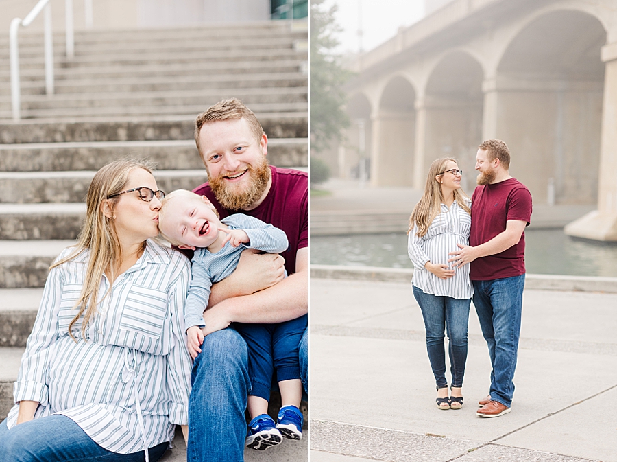 mom kissing son's forehead at this world's fair site sunrise maternity session