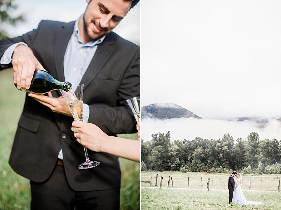 pouring champagne at cades cove engagement session