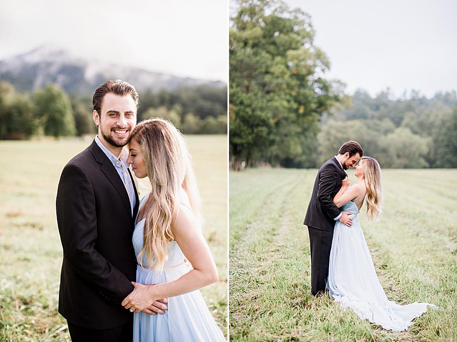 holding man's lapel at cades cove engagement session