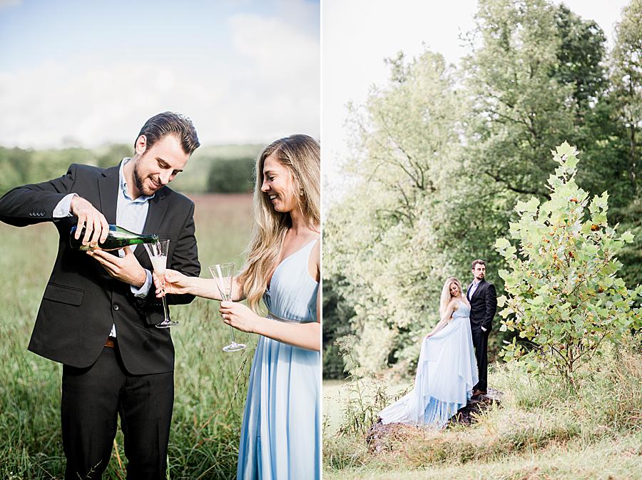 pouring bubbly at cades cove engagement session