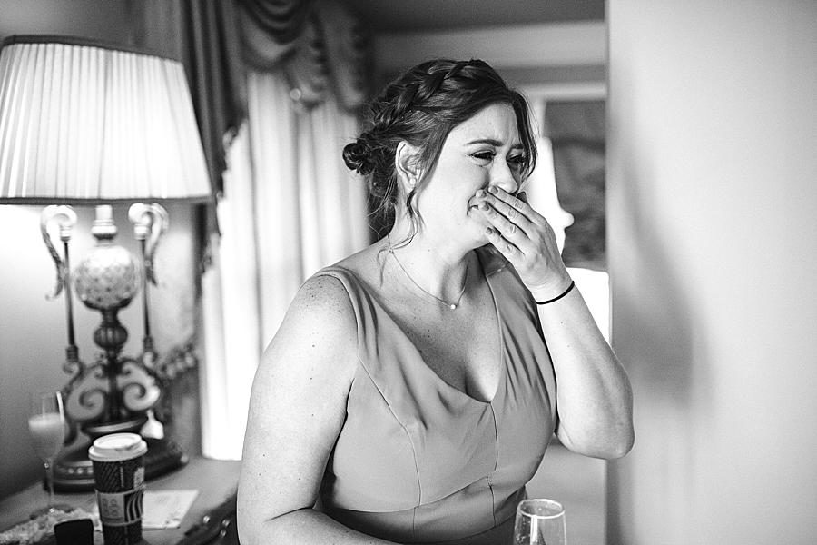 Teary bridesmaid at this Wedding at Castleton Farms by Knoxville Wedding Photographer, Amanda May Photos.