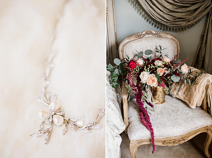 Ornate bridal bouquet sitting on a chair