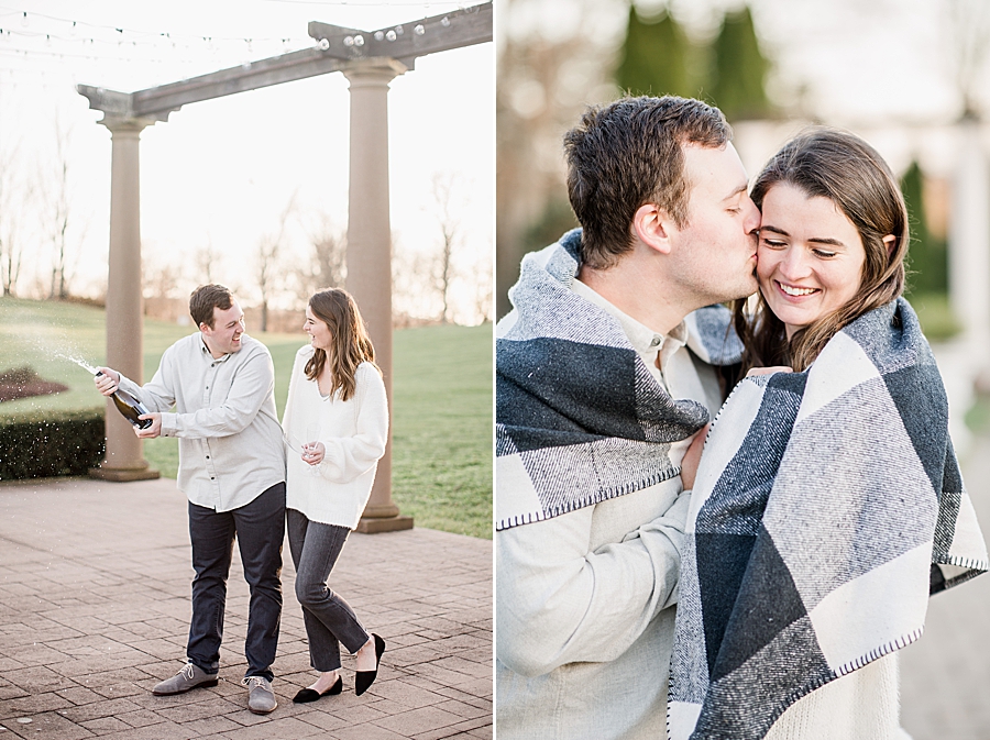 kiss on the cheek at castleton farms winter engagement