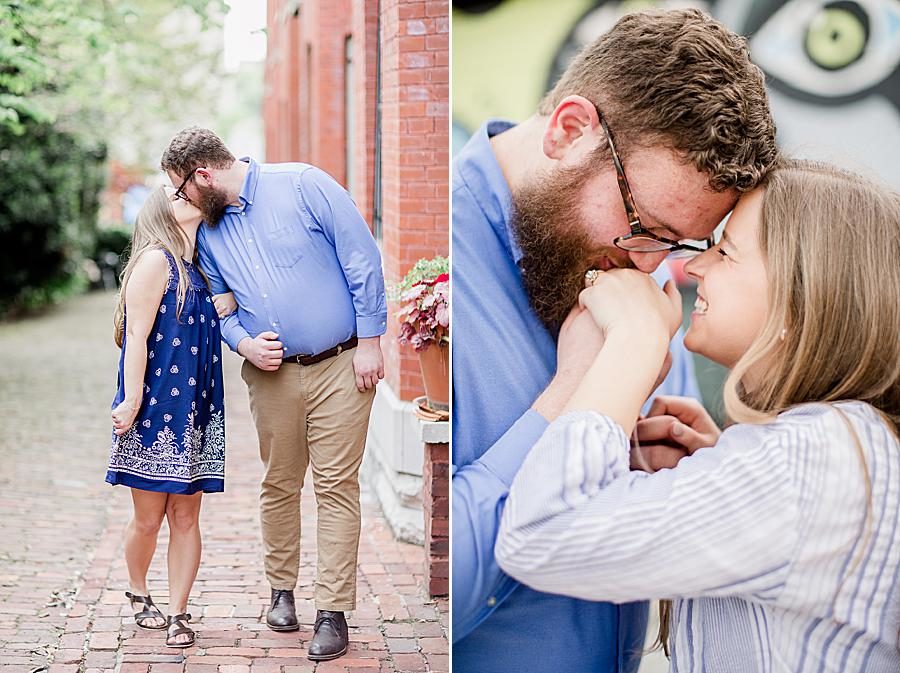 Kisses at this downtown engagement by Knoxville Wedding Photographer, Amanda May Photos.