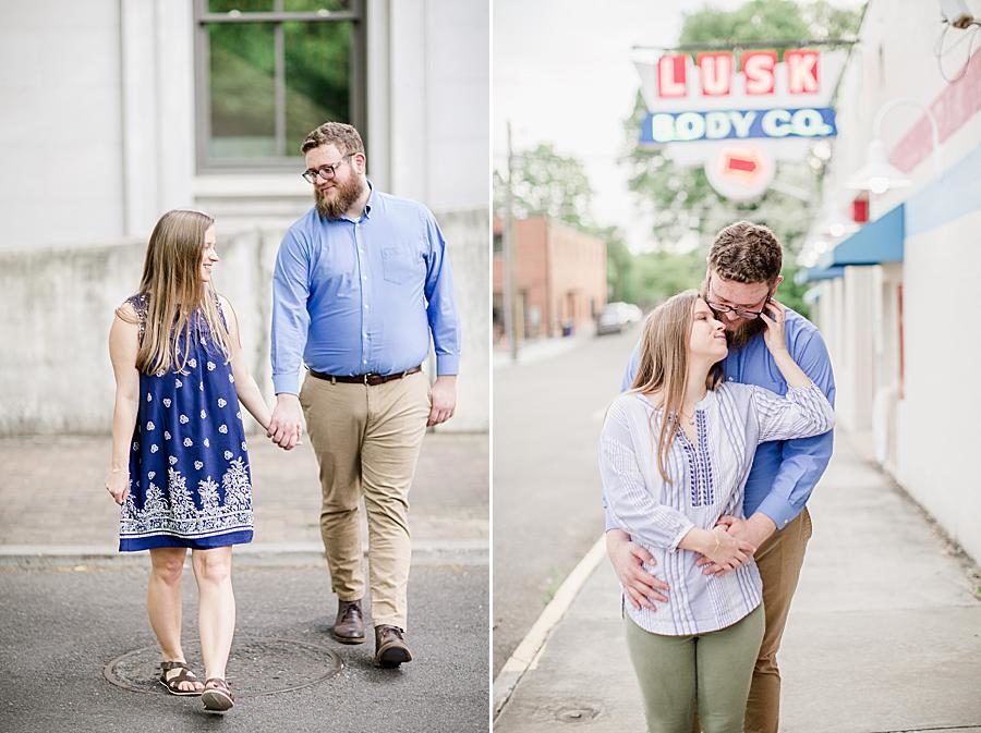 Snuggling at this downtown engagement by Knoxville Wedding Photographer, Amanda May Photos.