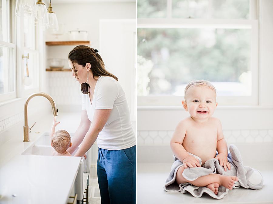 bathing baby in farmhouse sink at fountain city 1