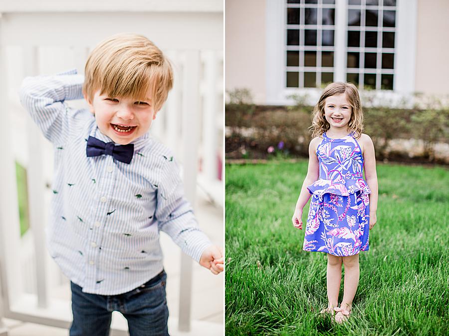 little boy in blue bow tie at front porch project