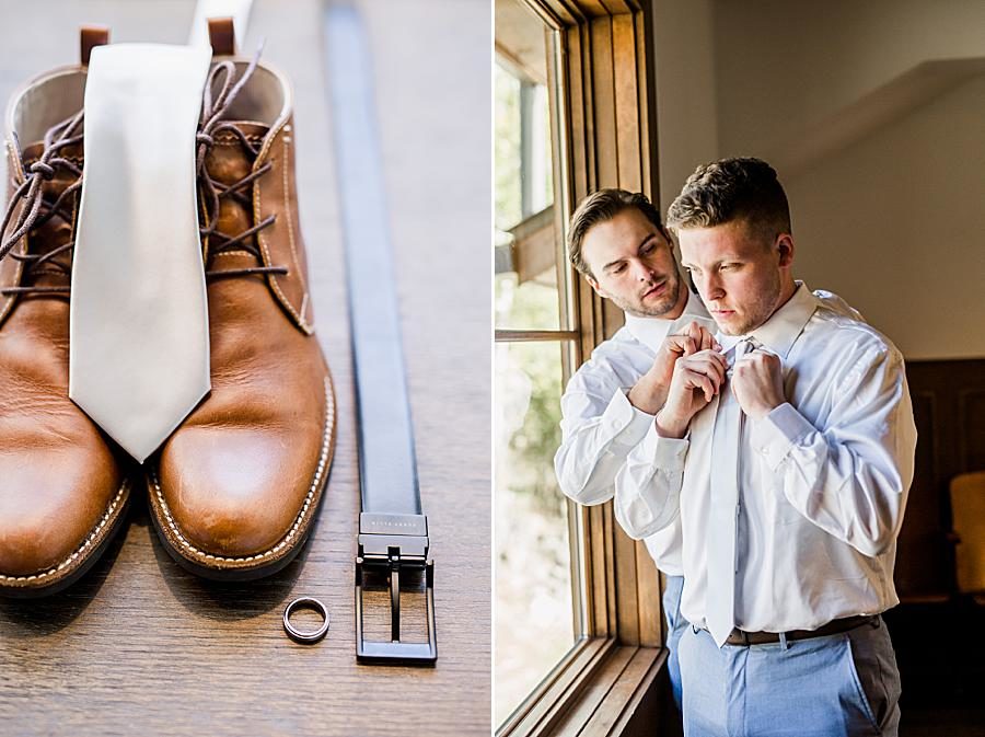 Groom getting ready at this Graystone Quarry wedding by Knoxville Wedding Photographer, Amanda May Photos.
